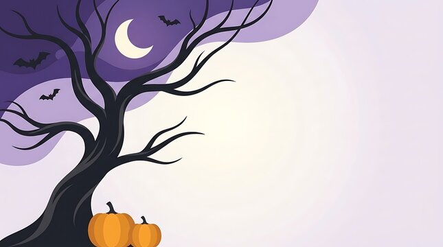 Spooky halloween scene with bare tree, crescent moon, bats, and pumpkins on purple background perfect for autumn holiday design.