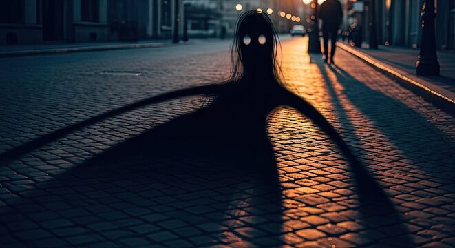 Mysterious shadow figure standing on dark city street