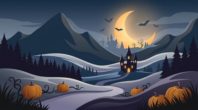 Majestic mountain valley with gothic castle and orange pumpkins under glowing crescent moon creates dramatic fantasy halloween illustration.