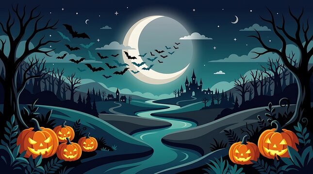Winding river leading to spooky castle under crescent moon with flying bats and glowing pumpkins provides mysterious fantasy halloween scene.
