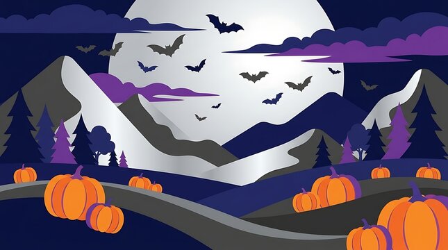 Full moon night scene with flying bats over jagged mountains and pumpkin patch in dark purple forest landscape for spooky seasonal art.