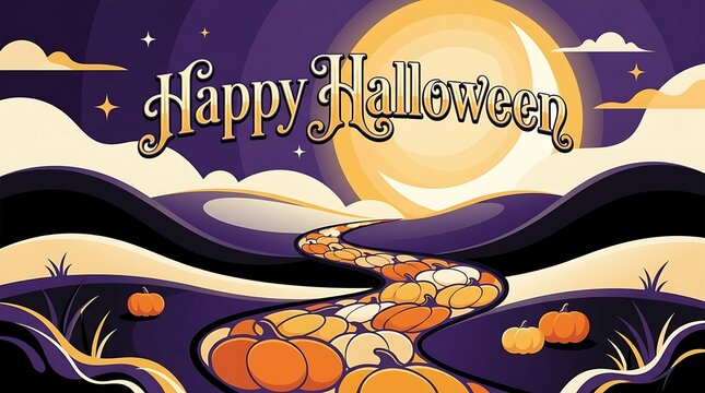 Happy halloween greeting text with glowing moon over rolling hills and pumpkins along winding path in purple dark night landscape design.