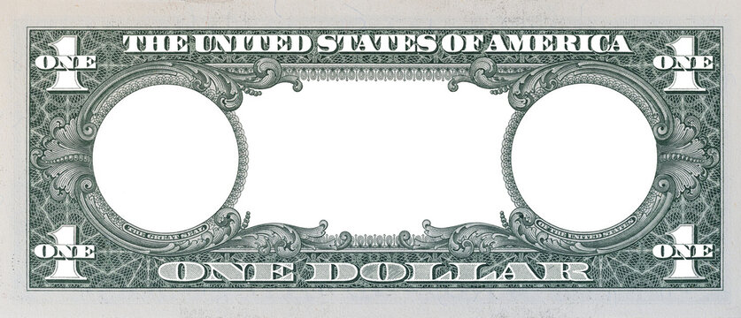 US 1 dollar bill reverse side PNG template with transparent empty frames and cutout center