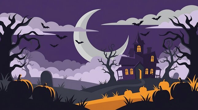 Haunted house silhouette with glowing windows and carved pumpkins in graveyard under crescent moon with clouds for seasonal night design.