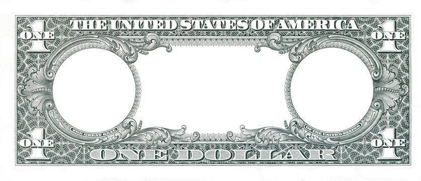US 1 dollar bill reverse side PNG template with transparent empty frames and cutout center
