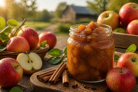 Apple preserves jar sitting on rustic table in orchard