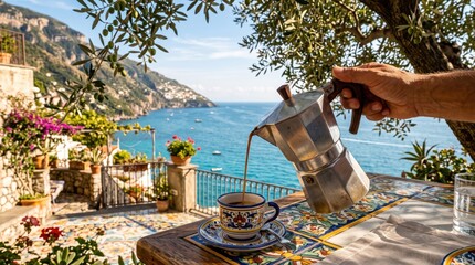 Fototapeta premium Hand pouring coffee from moka pot into patterned cup on tiled table with coastal view and potted plants; alfresco breakfast scene on cliffside terrace overlooking sea