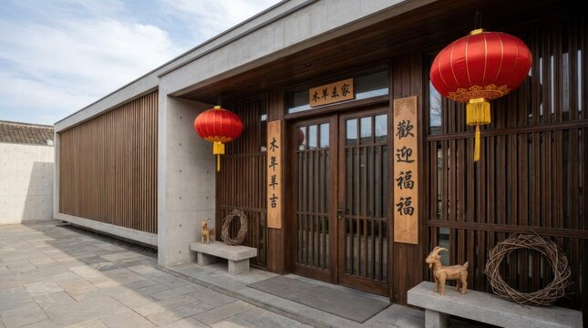 Traditional Chinese courtyard house with red lanterns.