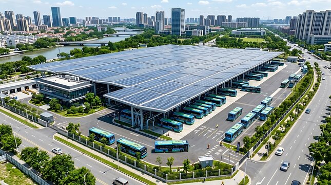 Modern electric bus depot with vast solar panel rooftop and charging infrastructure serves as sustainable urban transit hub overlooking city skyline and river.