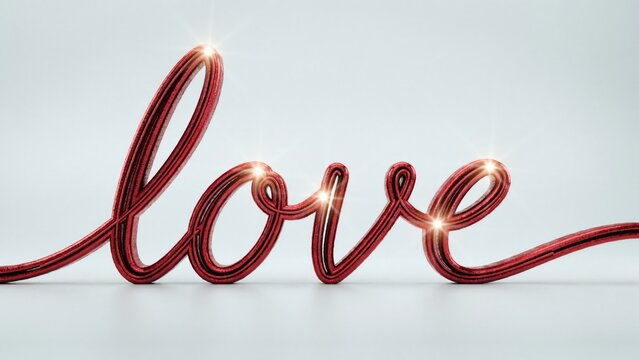 Red metallic script lettering spelling love on a light gray background