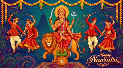 Fototapeta premium Navratri celebration greeting card with vector illustration