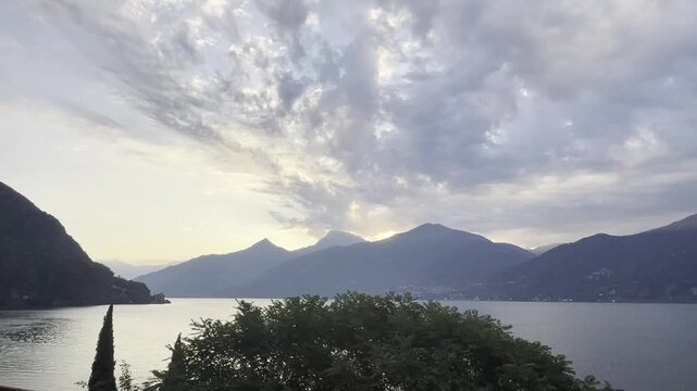 Scenic view of Lake Como and the surrounding mountains from Menaggio in Italy.
