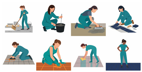 Fototapeta premium Set of professional female construction workers installing tiles, mixing mortar, and cleaning floor surfaces