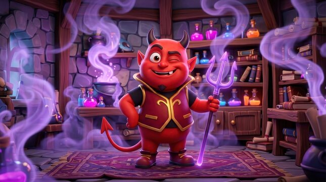 Cute cartoon devil character with a trident in a mystical laboratory setting
