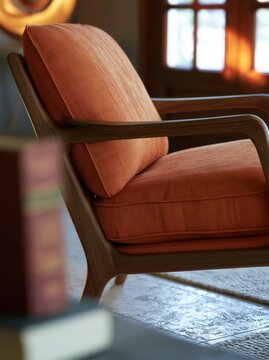 Orange upholstered armchair with wooden frame in warm modern interior