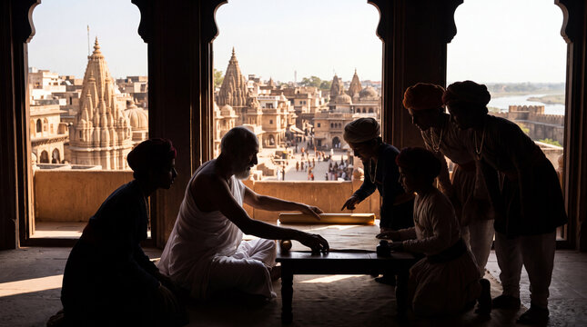 Ancient Indian guru teaching young royal princes using an architectural map of  Nagara inside a palace balcony overlooking temples