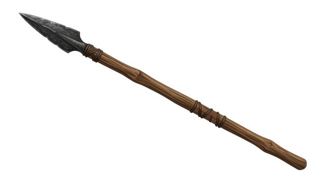 Ancient wooden spear with a sharp metal arrowhead and bound shaft