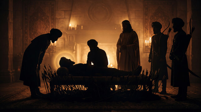 Biblical scene of an aging saintly prophet or patriarch with a glowing halo resting surrounded by mourning devoted disciples