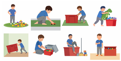 Fototapeta premium Vector illustration set of a little boy playing with toys and tidying up his room. Scenes of child playing with blocks, car, and organizing toy storage bins for a clean home environment.