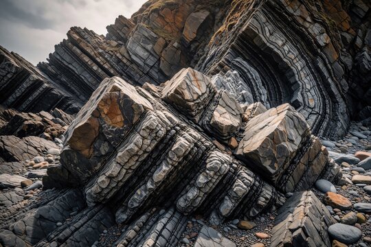 Folded rock strata form abstract patterns on a rocky coastal beach in Cornwall. Layers of grey and brown stone show natural textures and formations shaped by geological forces and ocean tides.