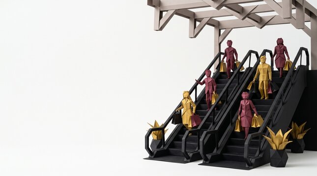 Origami Paper Shopping Mall Escalator with Figures Carrying Bags &mdash; Retail Architecture Diorama Copy Space