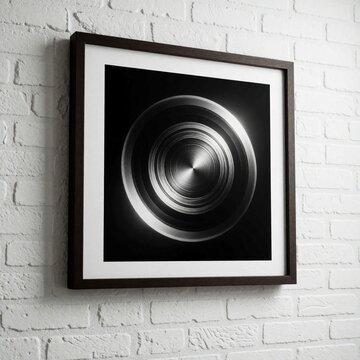 Framed abstract art with concentric circles and metallic sheen hangs on a white brick wall. Modern interior decor piece, minimalist design, graphic element for display.