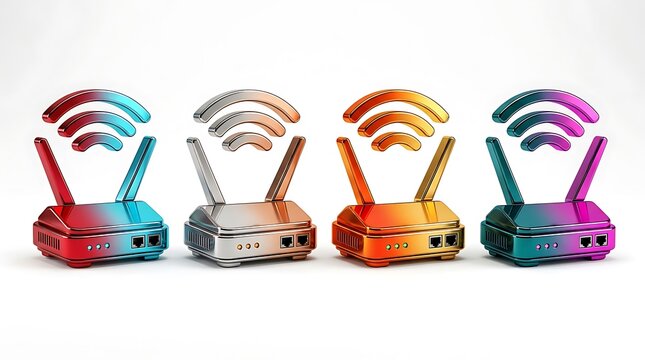 Four glossy metallic internet routers displaying vibrant colorful wifi signals isolated against plain white studio background