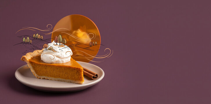 Pumpkin pie with whipped cream in a surreal Thanksgiving mixed-media collage with autumn landscape and copy space