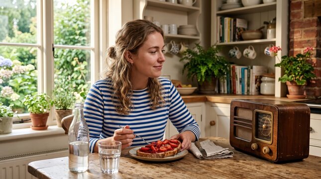 Woman eating strawberry tart at country kitchen table near window with plants and vintage radio. casual daytime breakfast scene with striped top, glass bottle of water and relaxed homey mood.