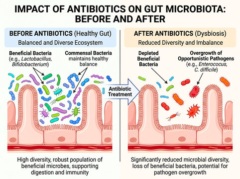 Scientific infographic comparing gut microbiota before and after antibiotic treatment, showing dysbiosis and microbial imbalance.