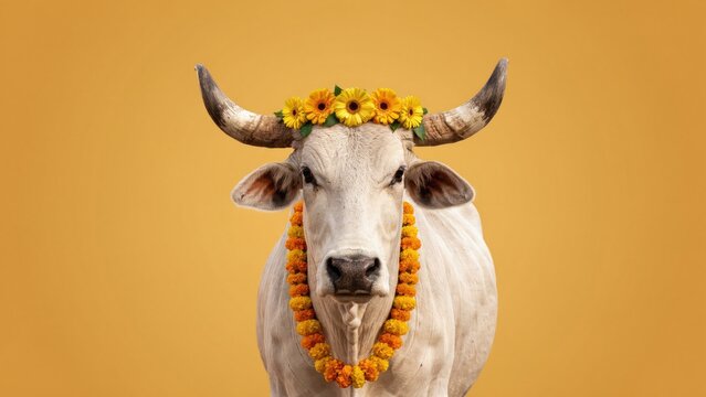 White zebu cow wearing a yellow marigold flower garland and crown