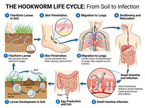 Scientific infographic diagram illustrating the hookworm life cycle from soil to human infection.