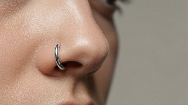 Close up of human nose with silver hoop ring piercing. Small metal jewelry adorns nostril on smooth skin. Minimalist body art style shows detail of facial accessory. Trendy fashion look with clean