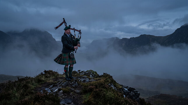 Scottish Bagpiper Plays Music On A Misty Mountain Peak