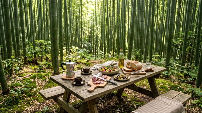Picnic table with breakfast spread in dense bamboo forest, wooden bench setting with plates, coffee, bread and wine creating relaxed outdoor dining scene