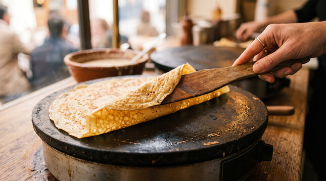Chef flips a golden crepe on a hot griddle in a bustling cafe