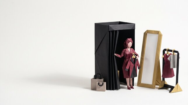 Origami Paper Boutique Fitting Room with Figure Mirror and Clothing Rack &mdash; Fashion Retail Diorama Copy Space