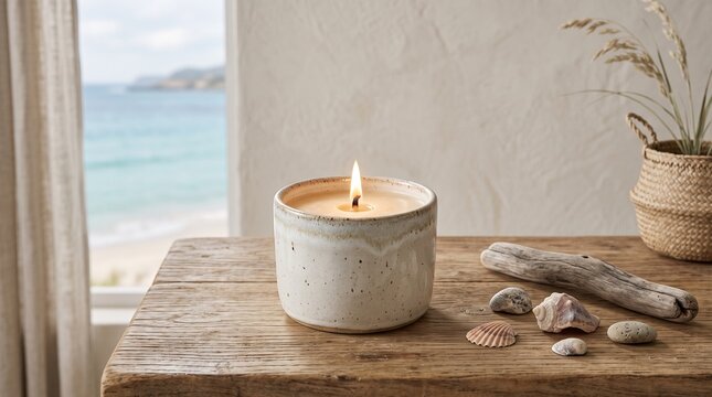 A cozy candle in a ceramic jar burns on a wooden table with seashells and driftwood overlooking an ocean view window.