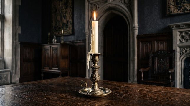 A tall dripping candle stands in an ornate brass candlestick on a dark wooden table in an elegant gothic room.