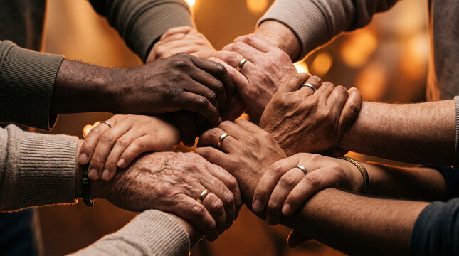 Diverse group of people holding hands in unity and support