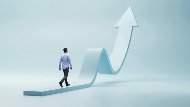 Man in blue shirt walking up a large, light blue upward-trending arrow