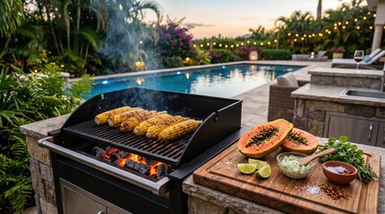 Fototapeta premium Outdoor backyard barbecue with grilling corn and fresh papaya on wooden cutting board by pool at sunset, relaxed tropical patio entertaining scene