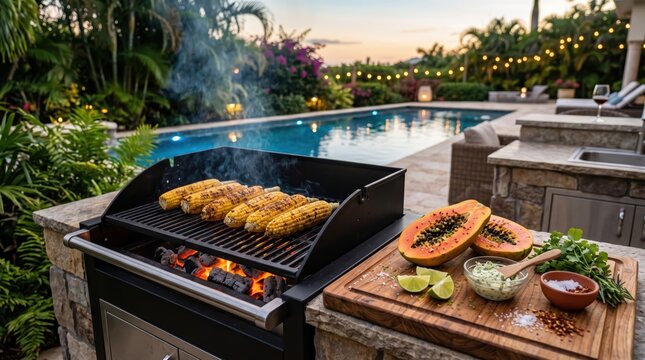 Outdoor backyard barbecue with grilling corn and fresh papaya on wooden cutting board by pool at sunset, relaxed tropical patio entertaining scene