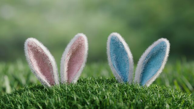 Pink and blue fuzzy rabbit ears emerging from green grass