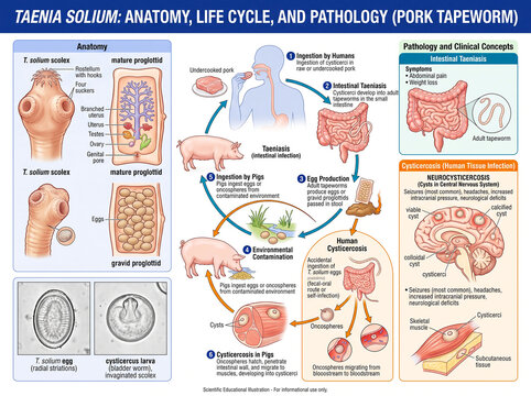 Scientific infographic diagram illustrating the anatomy, life cycle, and pathology of Taenia solium (pork tapeworm).