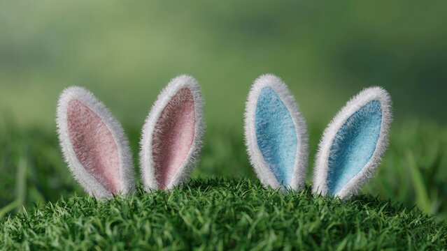 Two pairs of felt easter bunny ears in green grass, pink and blue