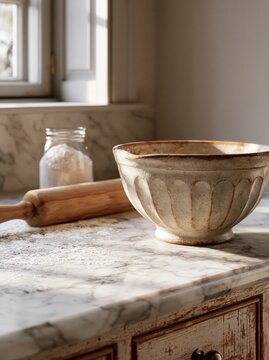 Rustic ceramic mixing bowl with rolling pin and flour in sunlit kitchen