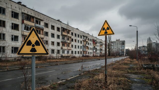 Abandoned soviet apartment blocks with radiation warning signs in pripyat