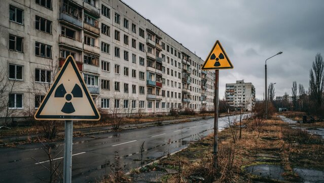 Radiation warning signs in front of abandoned soviet-era apartment blocks