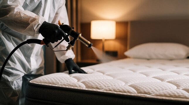 Pro pest control technician in white hazmat suit uses spray gun for disinfection. Worker sanitizes mattress in modern bedroom to kill bed bugs dust mites. Specialist provides hygiene service,